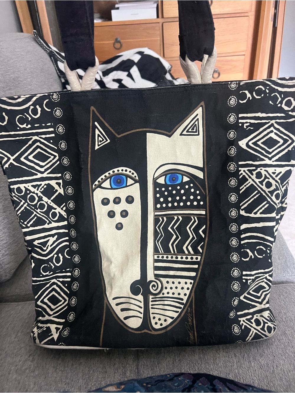 LAUREL BURCH CAT Shoulder TOTE BAG Black & White Cats Geometric rare vintage - Picture 11 of 11